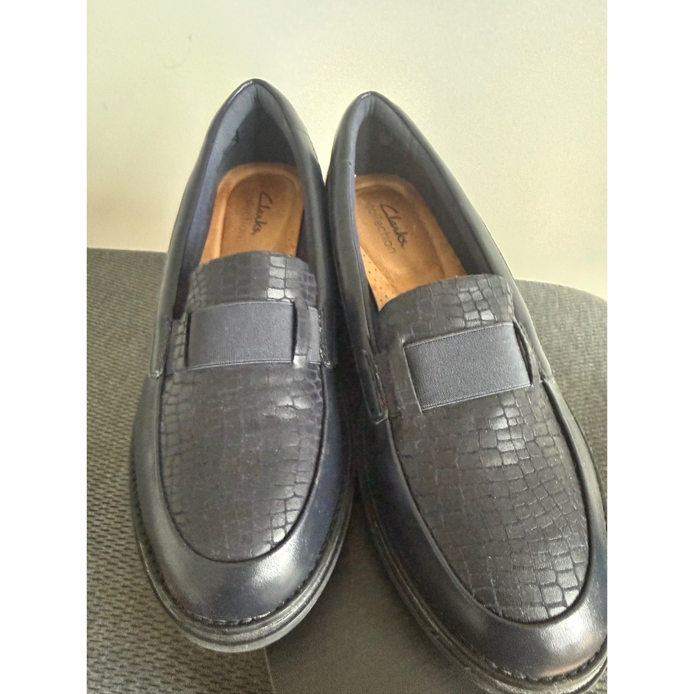 Clarks Ellowyn Penny Loafers Navy Blue Croc Embossed Leather Platform Shoes
